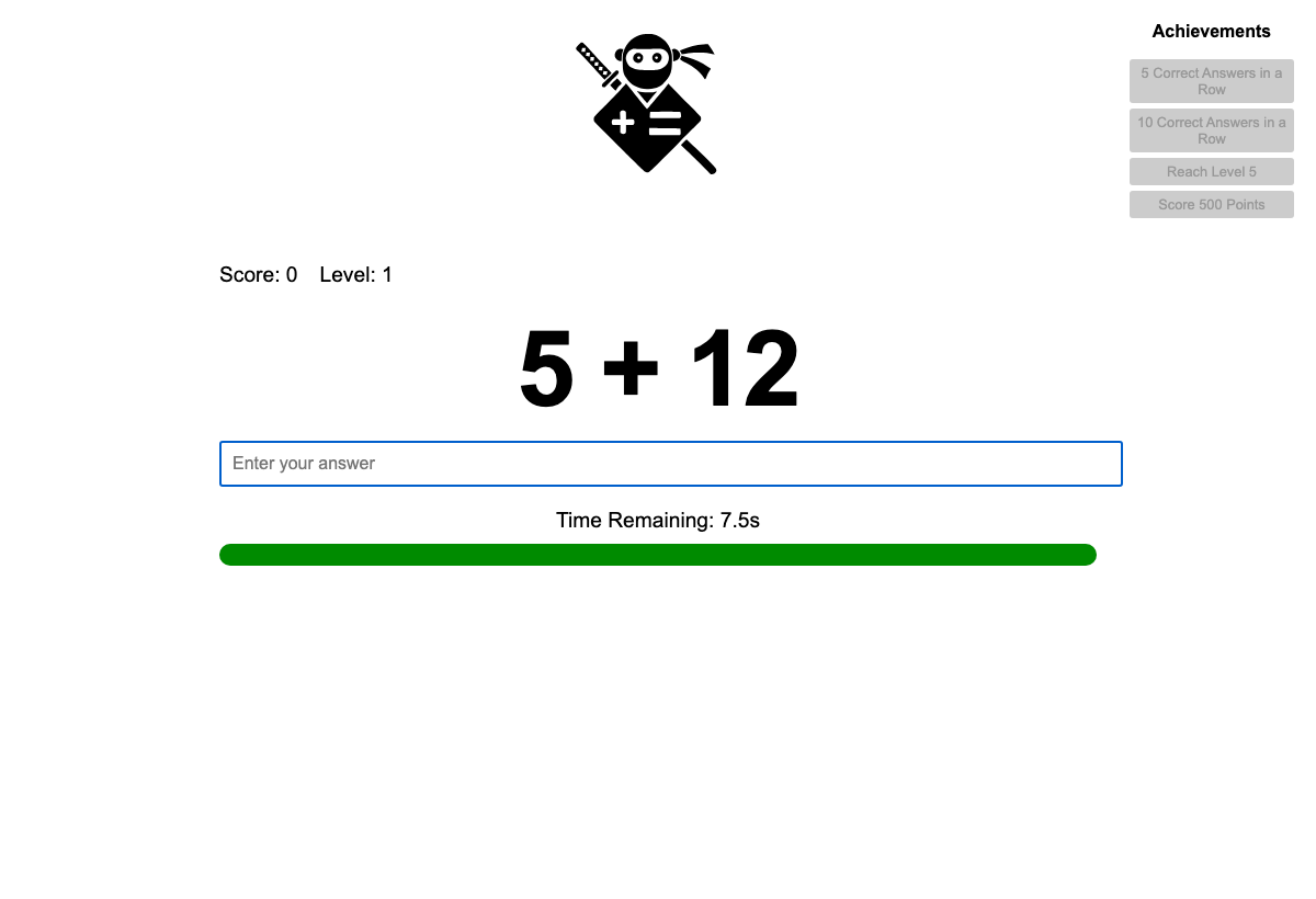 The first interface, with 5 + 12, an answer field and a green timer bar.