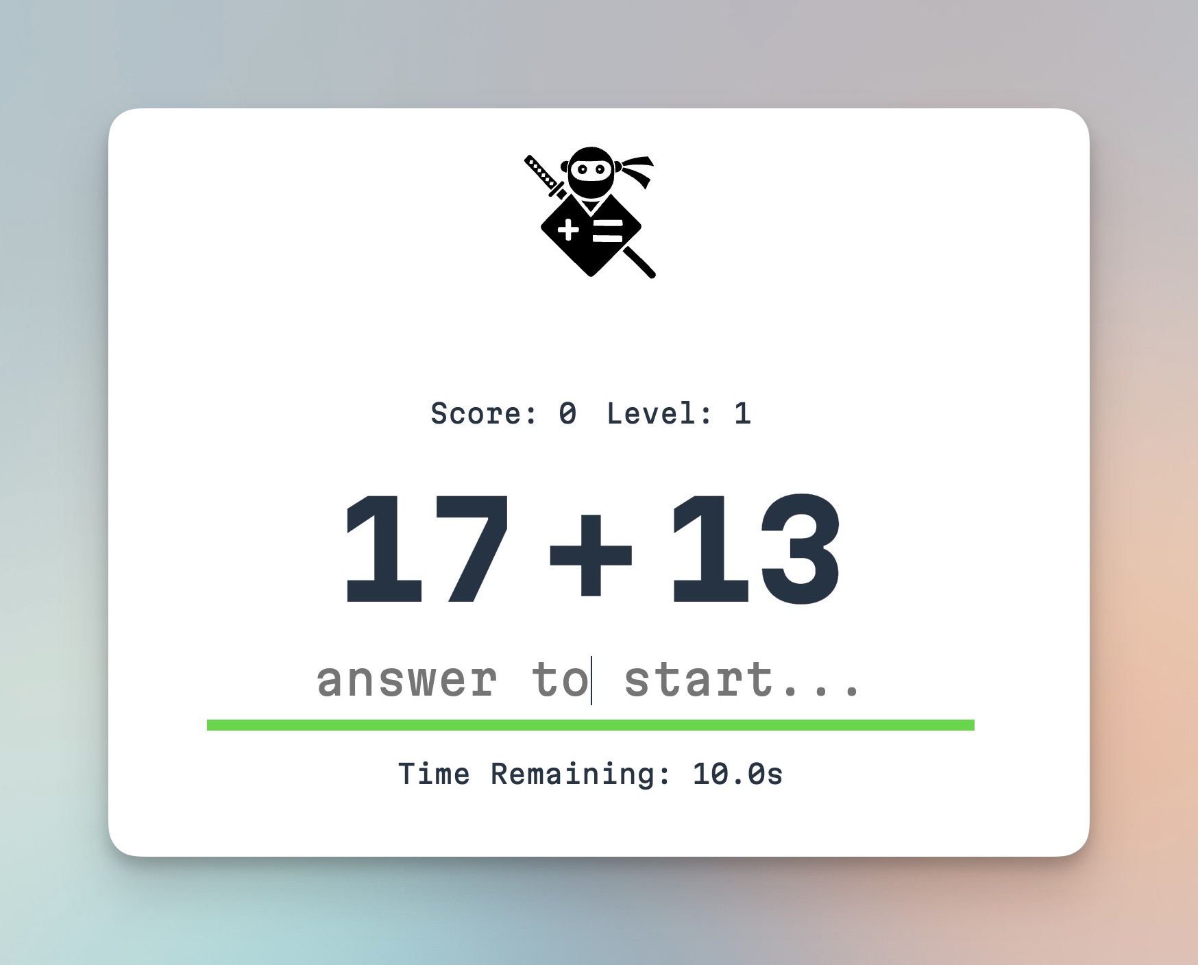 An early SumNinja social image with the old ninja, 17 + 13 and the instruction answer to start.